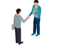 Isometric illustration of two people shaking hands at a consultation