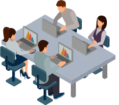 Isometric illustration of several people in a shared workspace