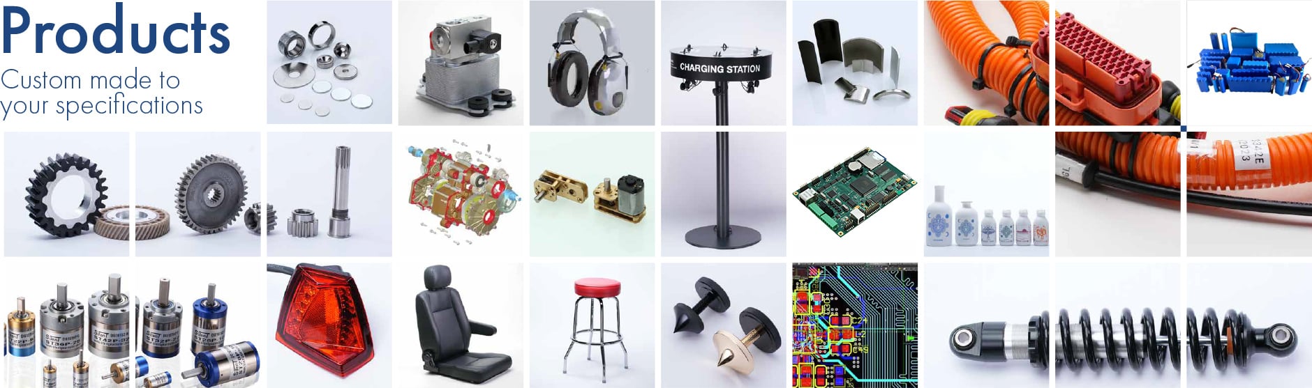 A display of various mechanical components and products, including gears, bearings, and other precision-engineered parts, arranged neatly on a surface.