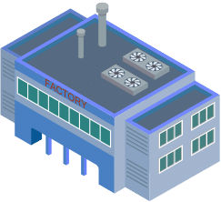 Isometric illustration of a factory example of the supplier selection process